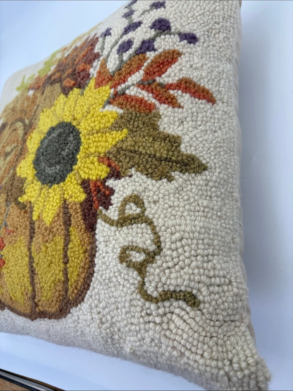 Handhooked Fall Pumpkin & Sunflower Accent Pillow